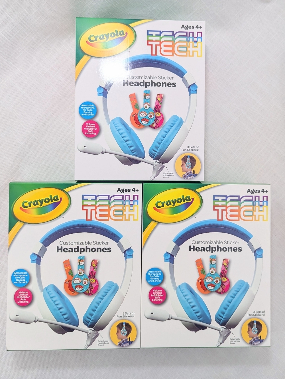 3 New Kids Sized Crayola Tech Blue Customizable Sticker Headphones.